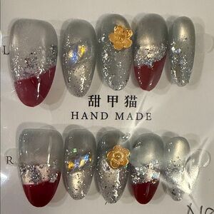Handmade Silver and Red Glitter Press-On Nails